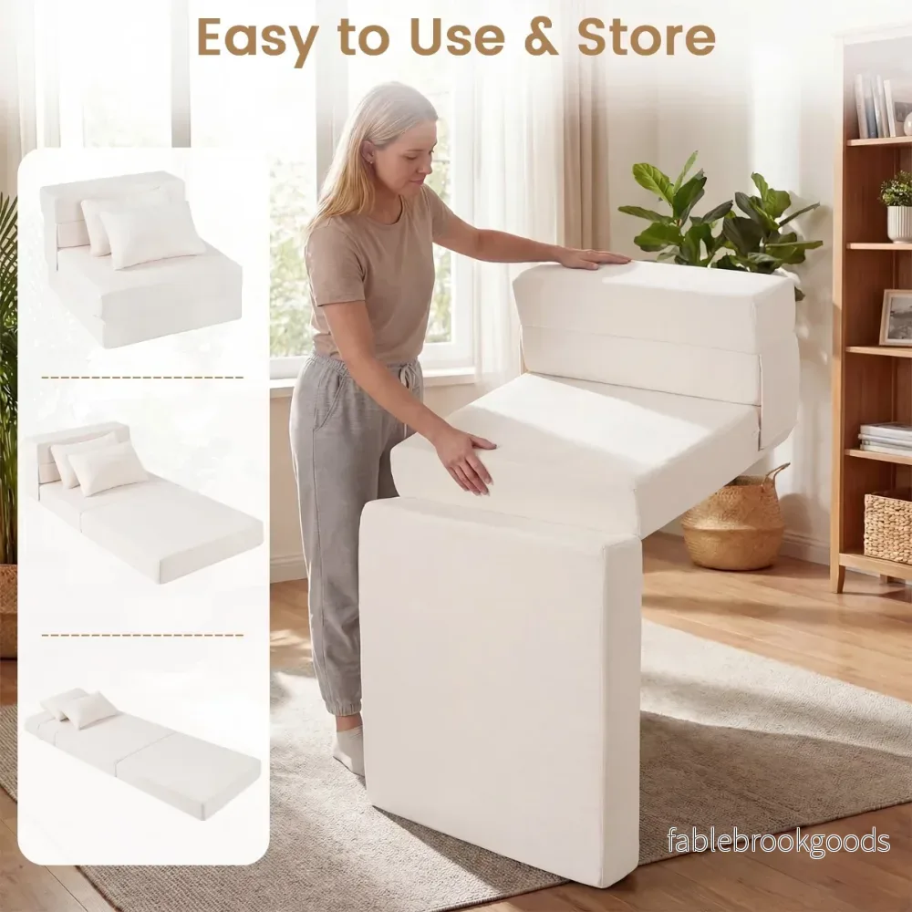 i – Fällbar soffa/säng av chenille med kudde för vardagsrum, sovrum eller hemtkontor – 3 1 2 – Beige - Bild 3
