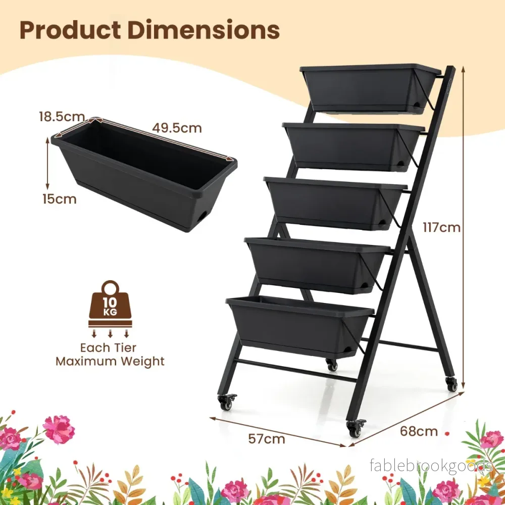 Vertikalt – odlingsbädd med hjul, våningar blommotrappa i metall – 5 57 x 68 x 117 cm – Svart - Bild 2