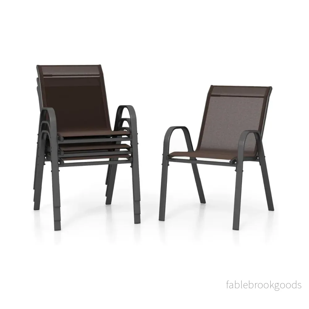 Set – med stapelbara trädgårdsstolar gjorda av textilen och metallram – 4 56 x 70 x 84 cm – Brun