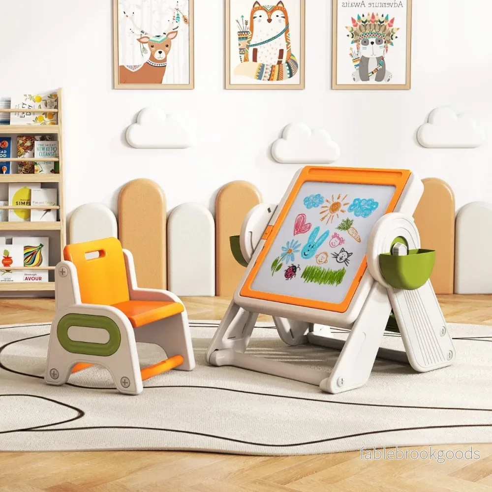 i – Byggklossbord och Staffli Set med Vändbar Bordskiva Konststaffeli Spelbord – 6 1 – Orange - Bild 3