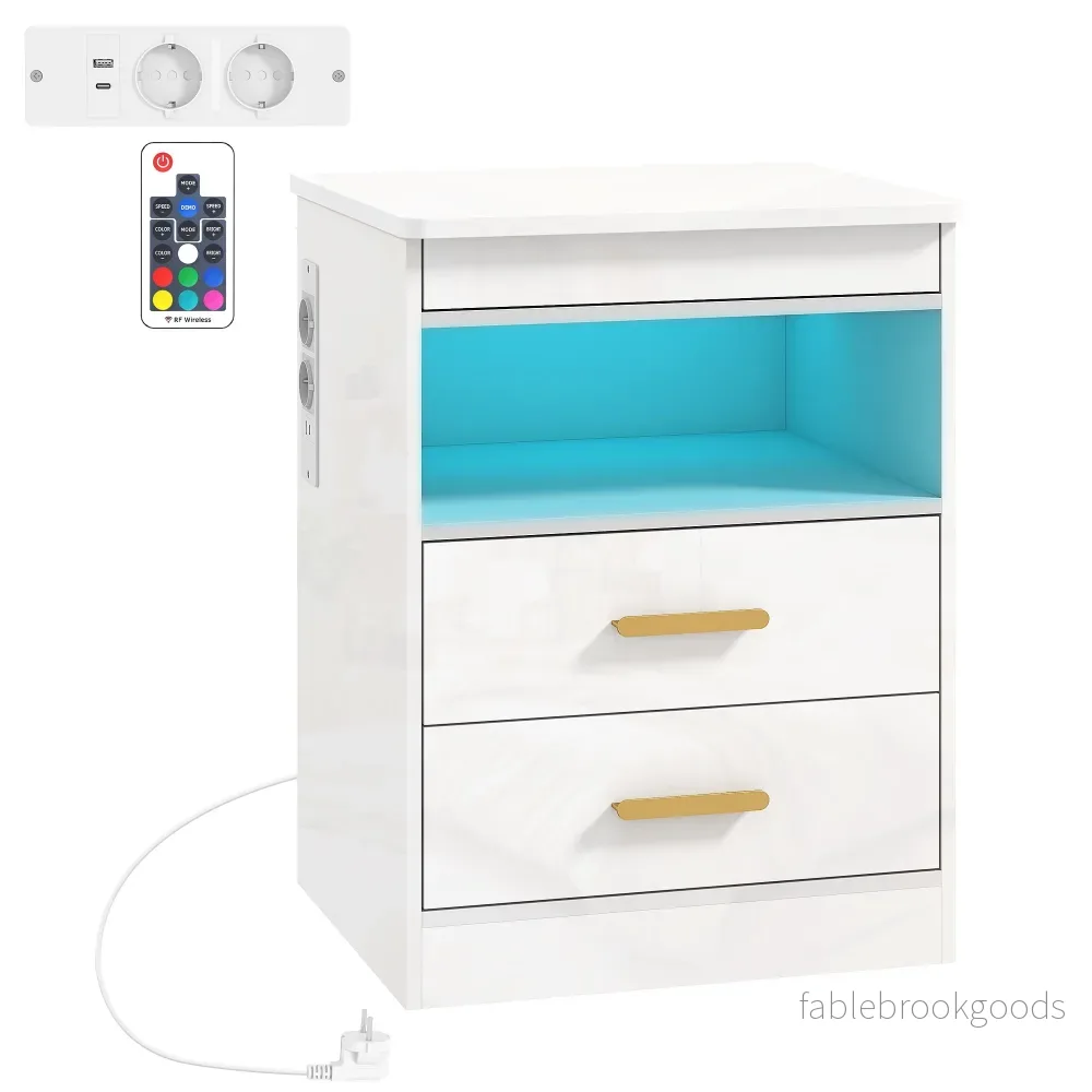 Nattduksbord med laddningsstation, RGB LED, 2 lådor, högblank vit
