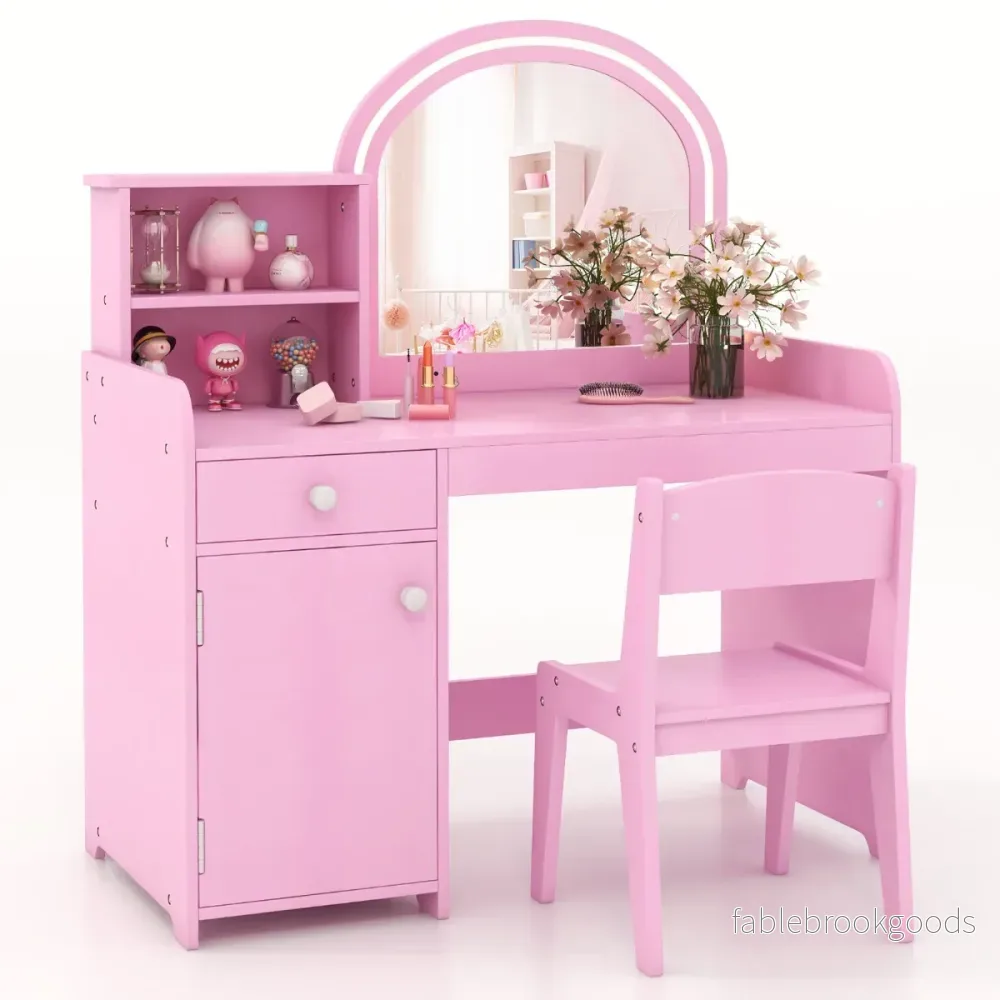 i – sminkbord för barn med pall och LED lampor spegel låda kosmetiskt – 2 1 – Rosa