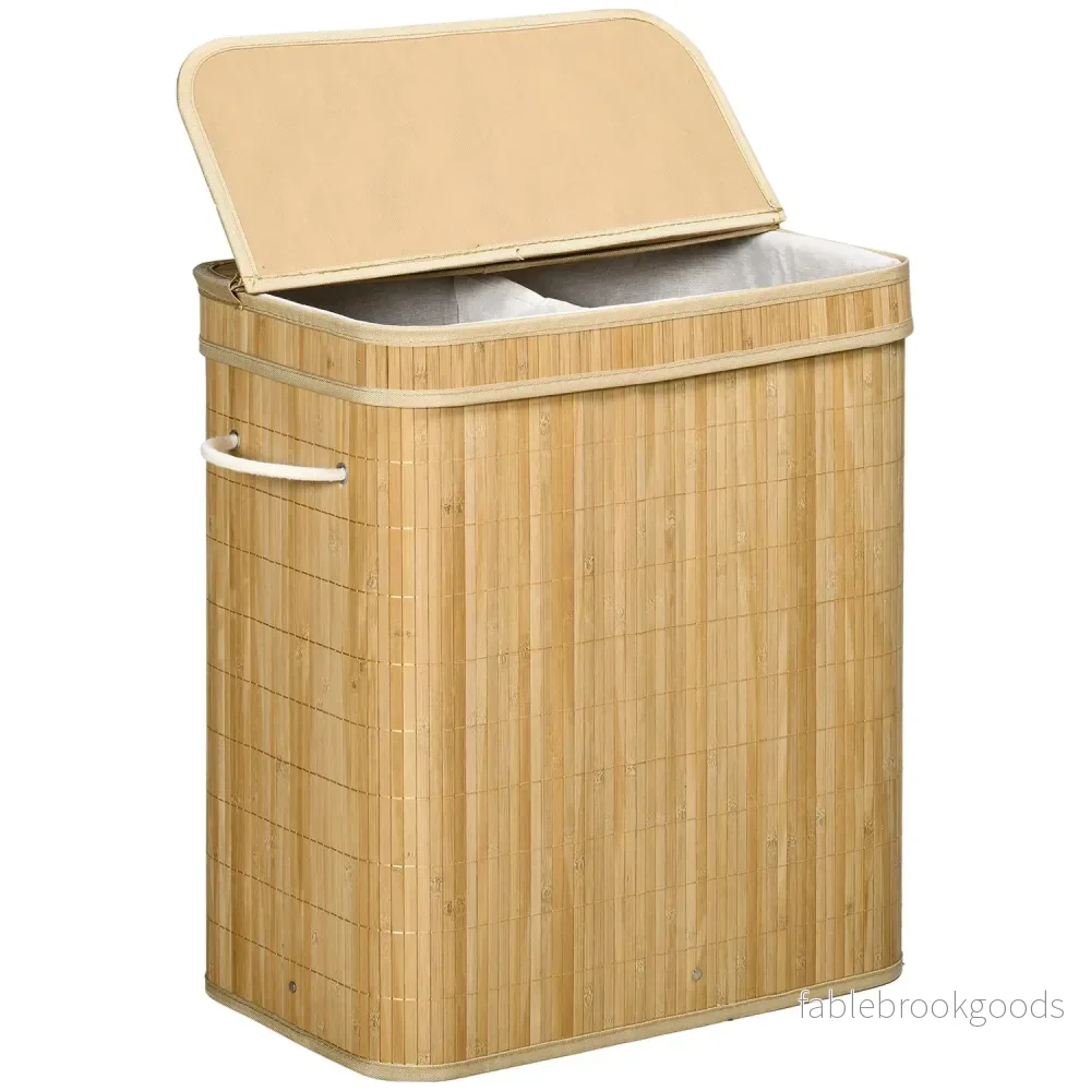 Bambu tvättkorg med lock och 2 fack, 90L