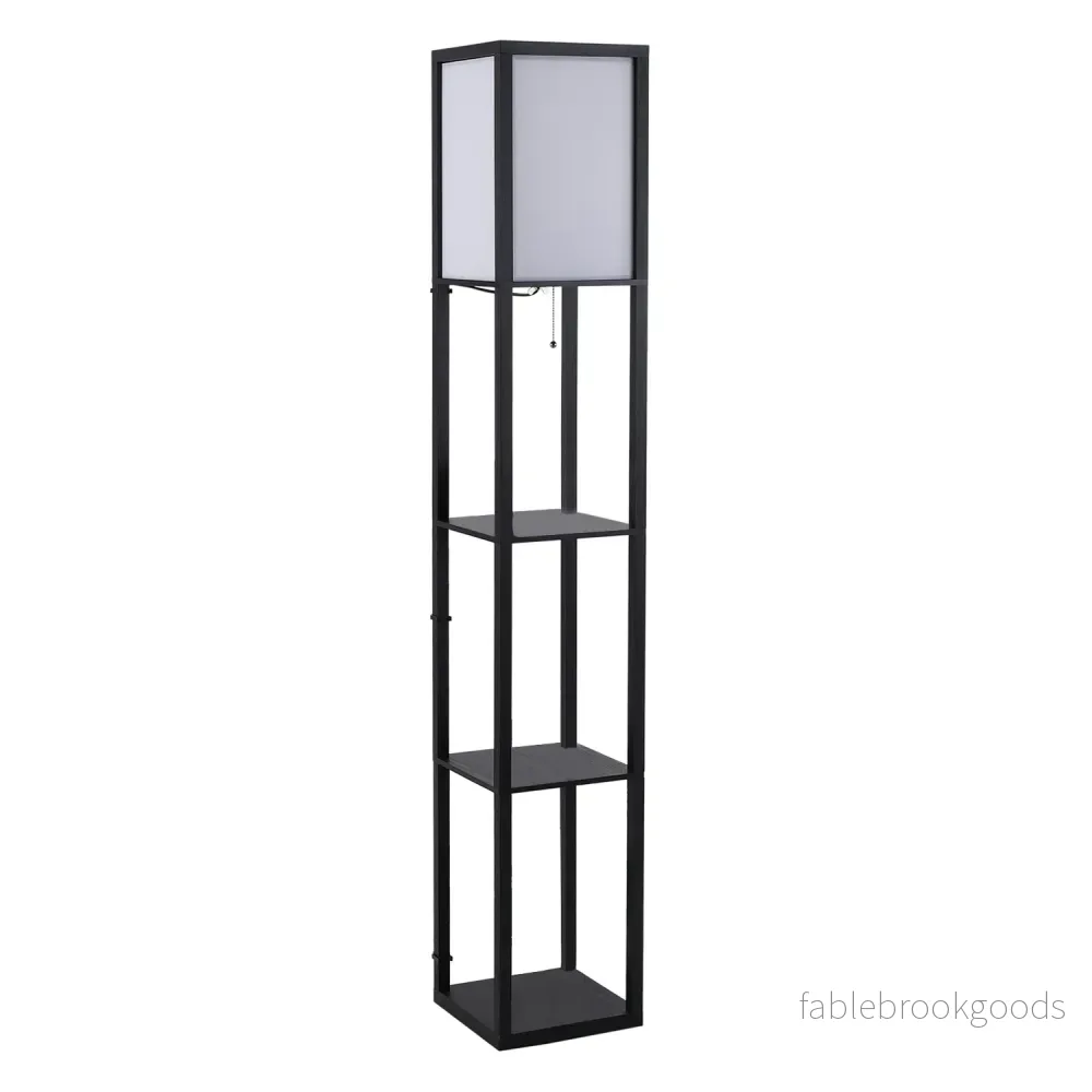 Svart trägolvlampa med hyllor, E27 sockel, 160cm