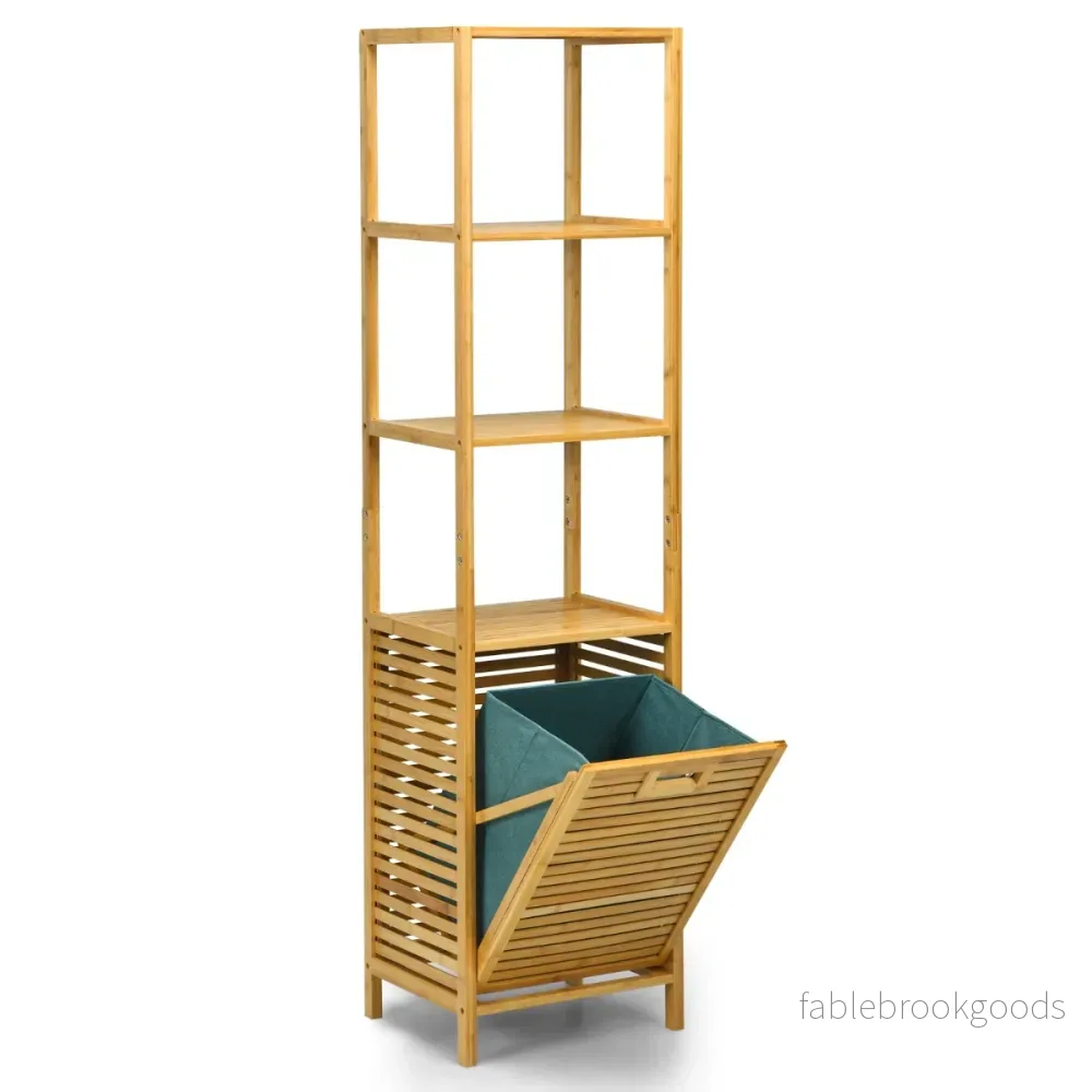 Högt – badrumsskåp med tvättkorg Tillverkat av bambu hyllor Perfekt för Naturlig – 40 x 33 x 160 cm – Natur