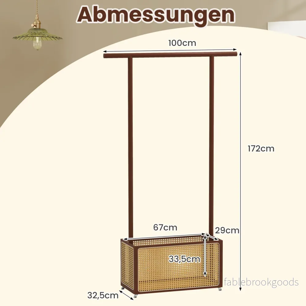 Bambu – klädhängare med förvaringskorg i rotting och hjul, natur – Brun - Bild 2