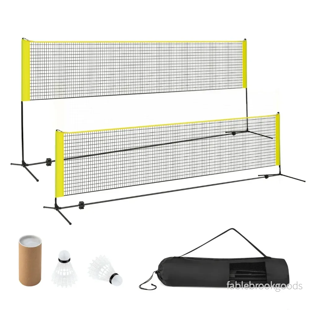 Badmintonnät – med stativ, höjjusterbart fjäderbollsnät fjäderbollar och bärväska Gult – 2 420 x 102 x 89-155 cm – Gul