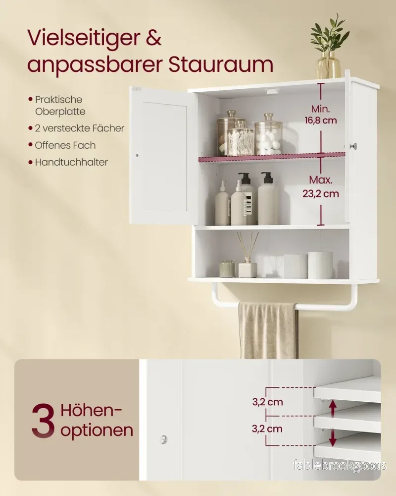 Wandkast - 20 x 56 x 60 cm - Wolkenwit - Verstelbare plank - 2 deuren - Met handdoekrek - Max. draagvermogen 44 kg - Bild 3