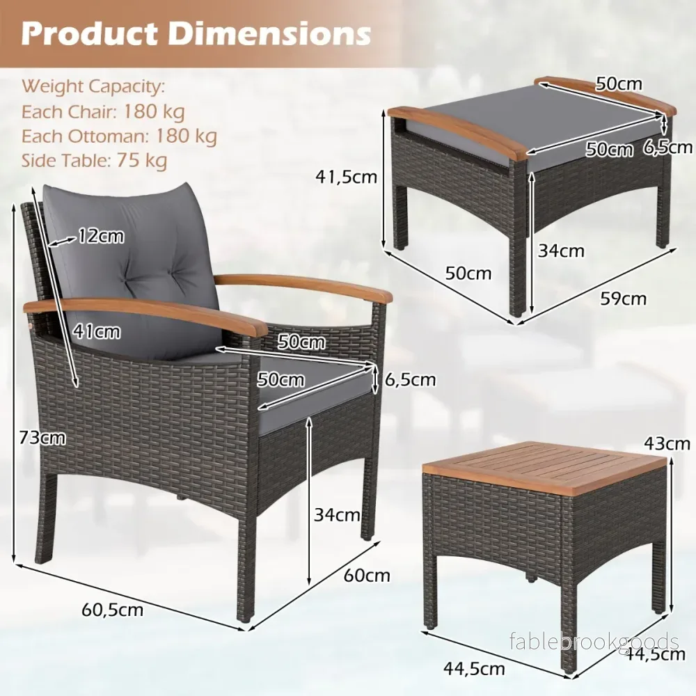 Rattan – Trädgårdsmöbelset Inklusive Stolar Med Pallar och Bord Kuddar Akacieträder Balkonset – 2 – Grå - Bild 2