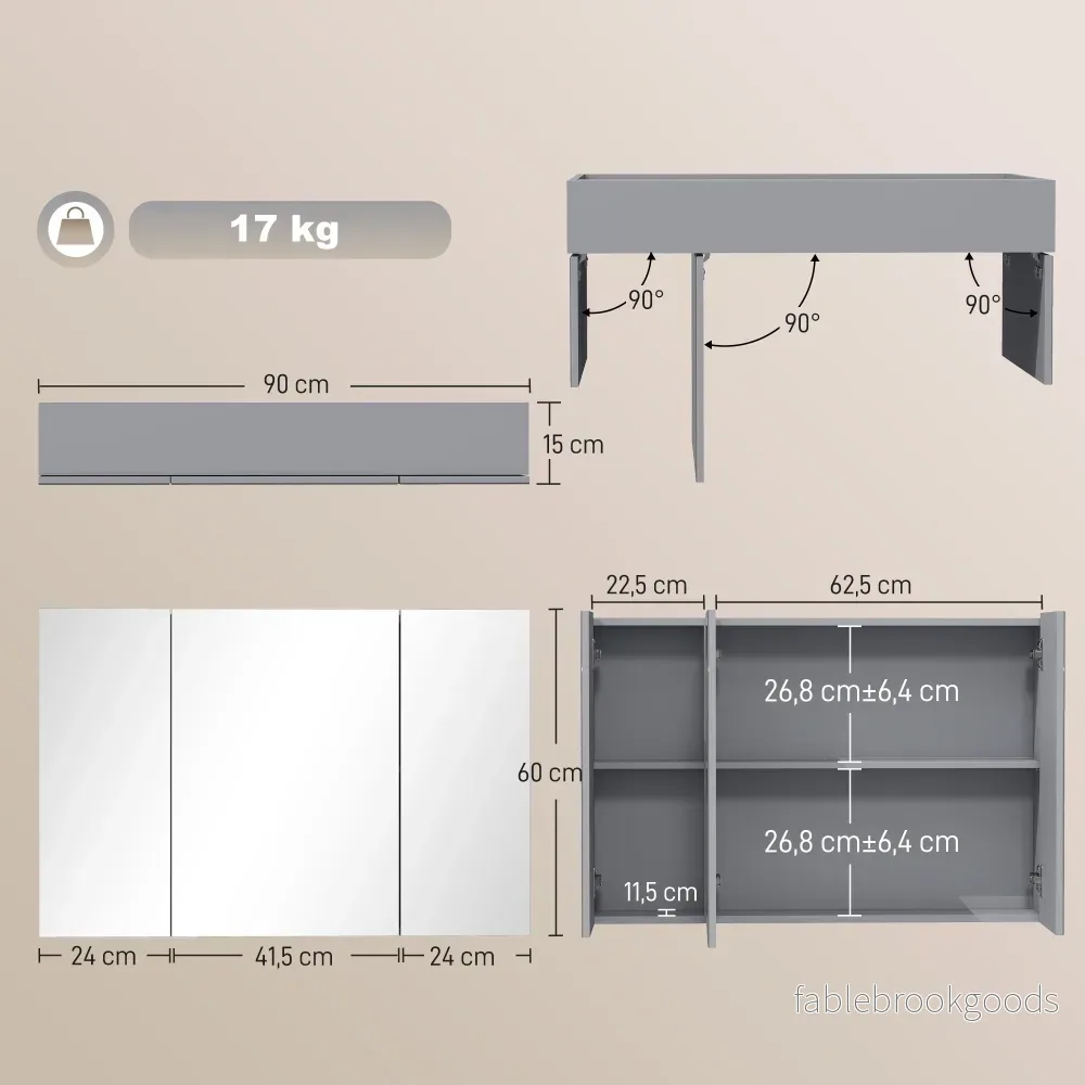 Väggmonterat badrumsspegelskåp, 3 dörrar, grå, justerbar - Bild 3