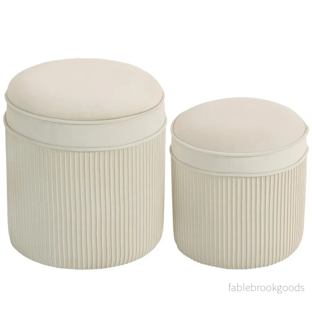 Set med 2 förvaringsfotpallar, rund sammet, krämfärgad, 36x36x41,5 cm