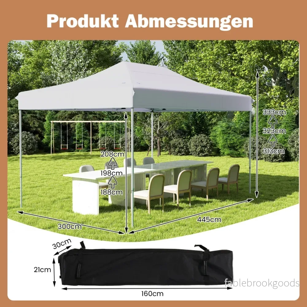 Faltpaviljong – med rullväska och rep Höjdjusterbar Pop Up Trädgårdspaviljong – 4 3 x 4,5 m – Vit - Bild 2