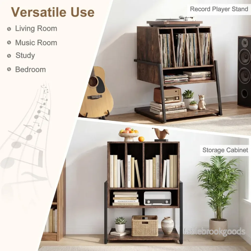 Skivspelarställ – med bred plattform och skiljare, vinylskivbord – 4 – Rustik brun - Bild 3