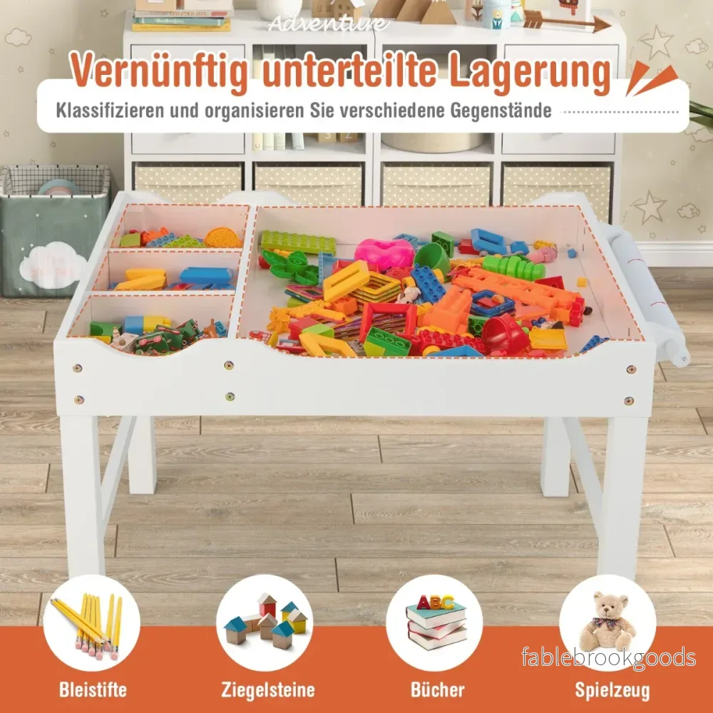i – barnbord av furu med vändbar bordsskiva och förvaringsutrymme pappersrulle – 2 1 – Vit - Bild 2