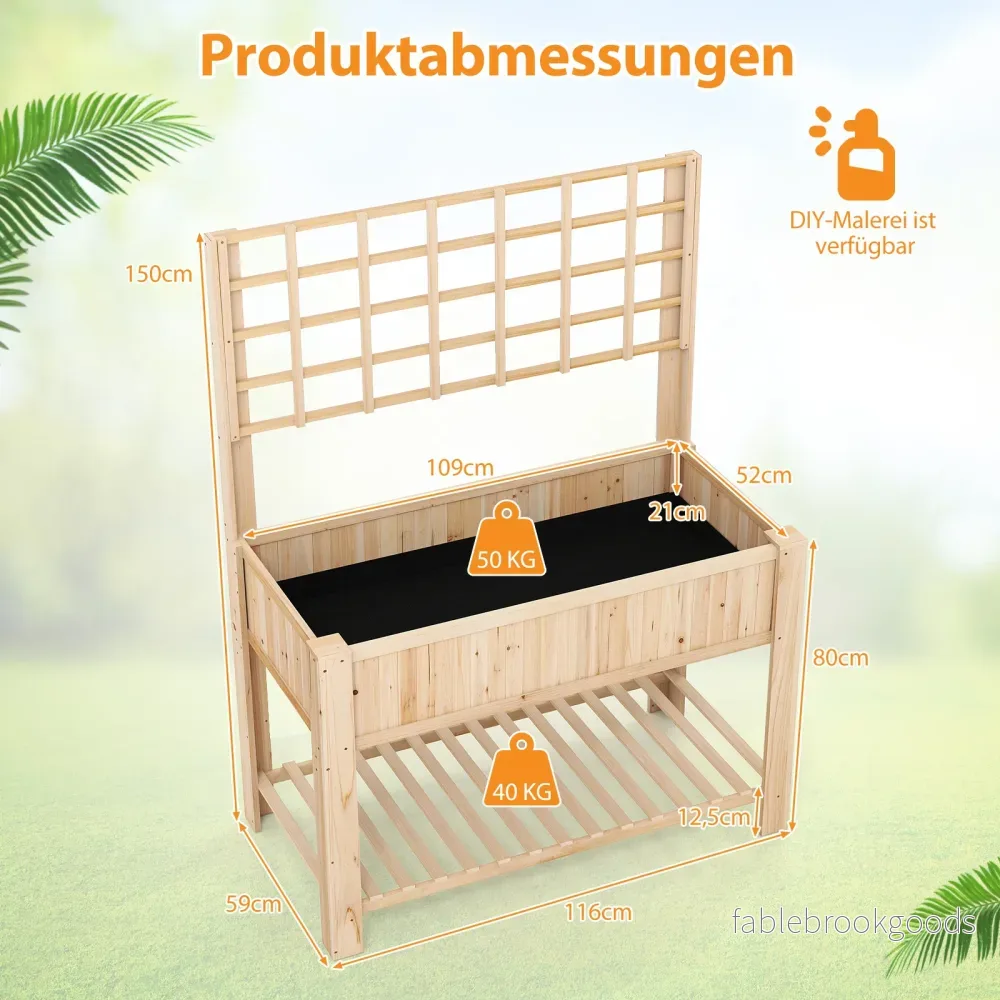 Högbädd – med spaljé och avlastning Blomrabatt avloppshål Trädgårdsbädd Planteringslåda Trä Blomlåda – 116 x 59 x 150 cm – Natur - Bild 2