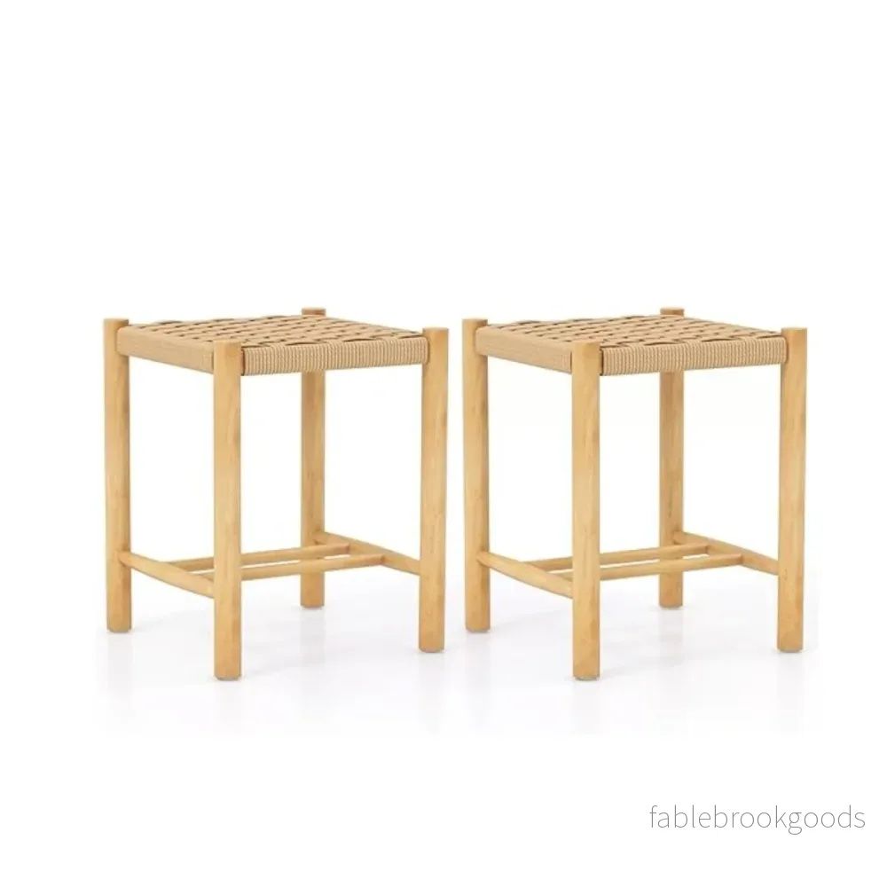 Matsalspallsset – ram av gummiträ och sits vävt papper – 36 x 36 x 45 cm – Natur