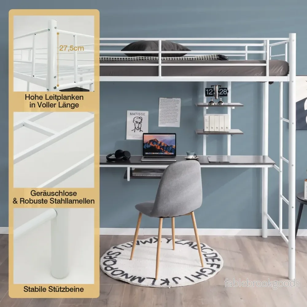 Våningssäng – Ram Metall Loftsäng med skrivbordsstegar och räcken – Vit - Bild 3