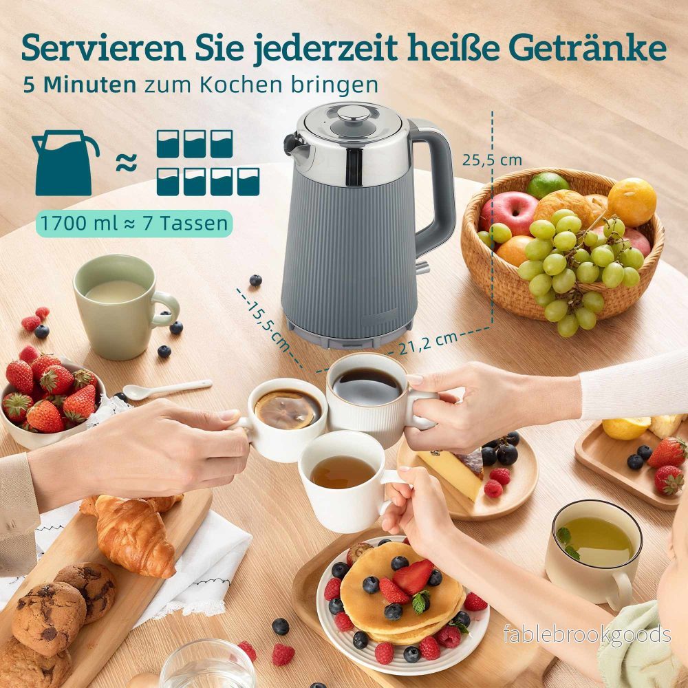 Vattenkokare 1,7L 2200W & Brödrost för 4 skivor, Grå - Bild 3