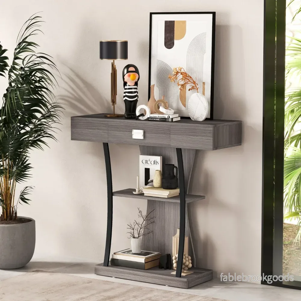 Träkonsolbord – med lådor och metallram hyllor tippskydd – 2 – Grå - Bild 2