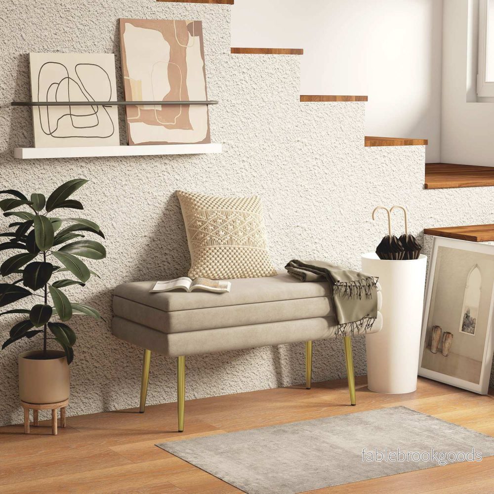 Klädd förvaringsbänk i sammet, Stålben, Beige, 79,5 cm - Bild 2