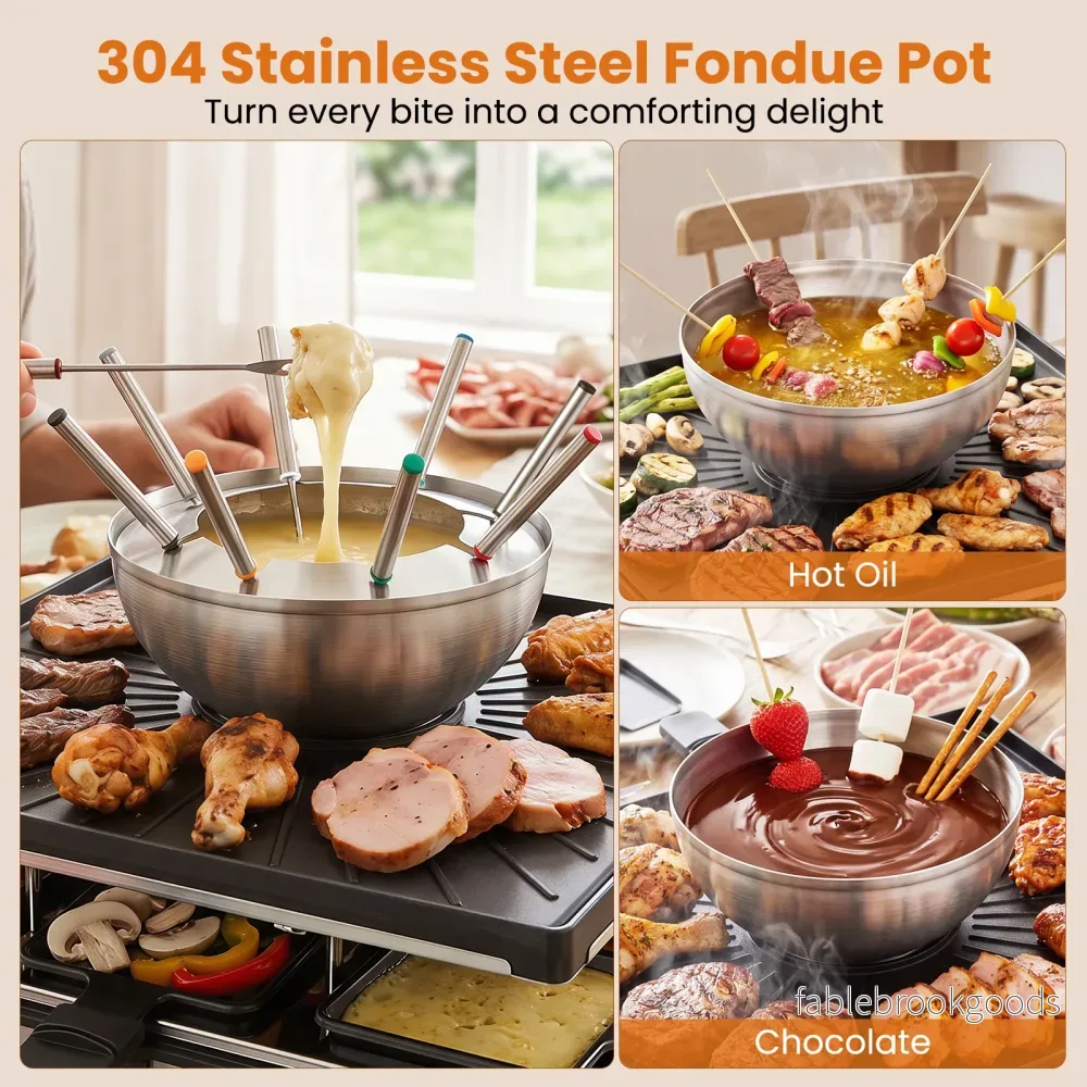 Raclettegrill – med fondue, W elgrill för personer, non stick grillplatta och pannor – 2200 8 8 - Bild 3