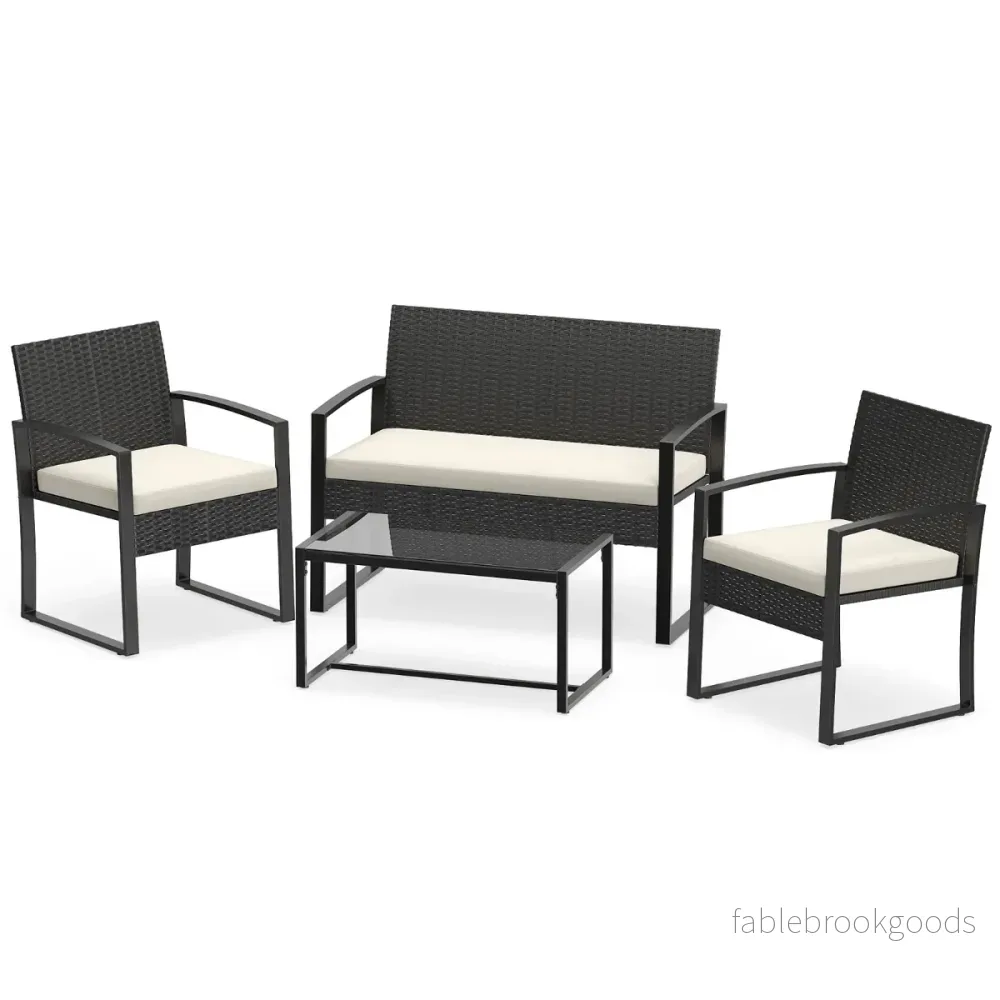 Rotan – Trädgårdsmöbler Set Med Fåtöljer och Bänk Bord Sittkuddar Utomhuslounge – 2 – Beige