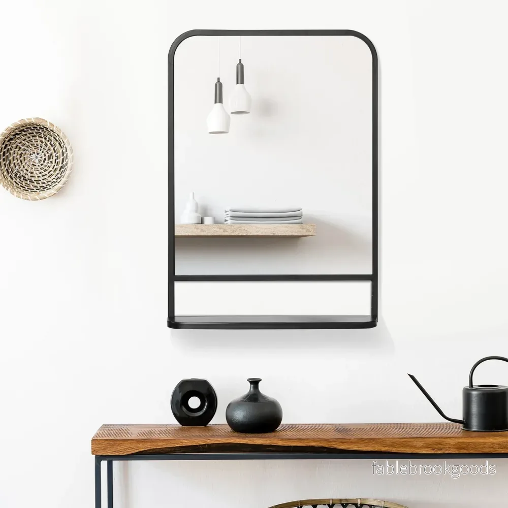 Väggspegel med hylla – 70x50cm, rektangulär, svart - Bild 2