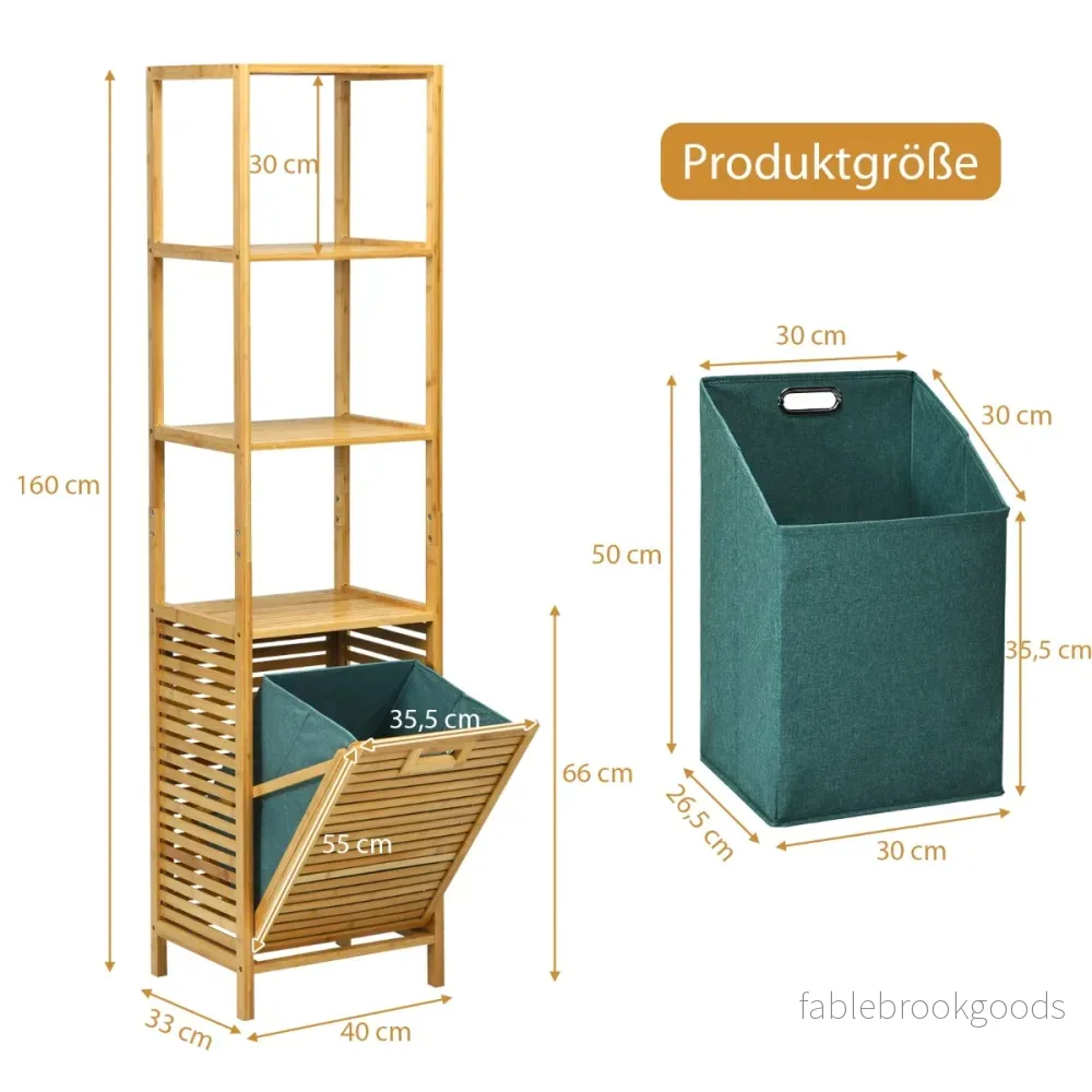 Högt – badrumsskåp med tvättkorg Tillverkat av bambu hyllor Perfekt för Naturlig – 40 x 33 x 160 cm – Natur - Bild 2