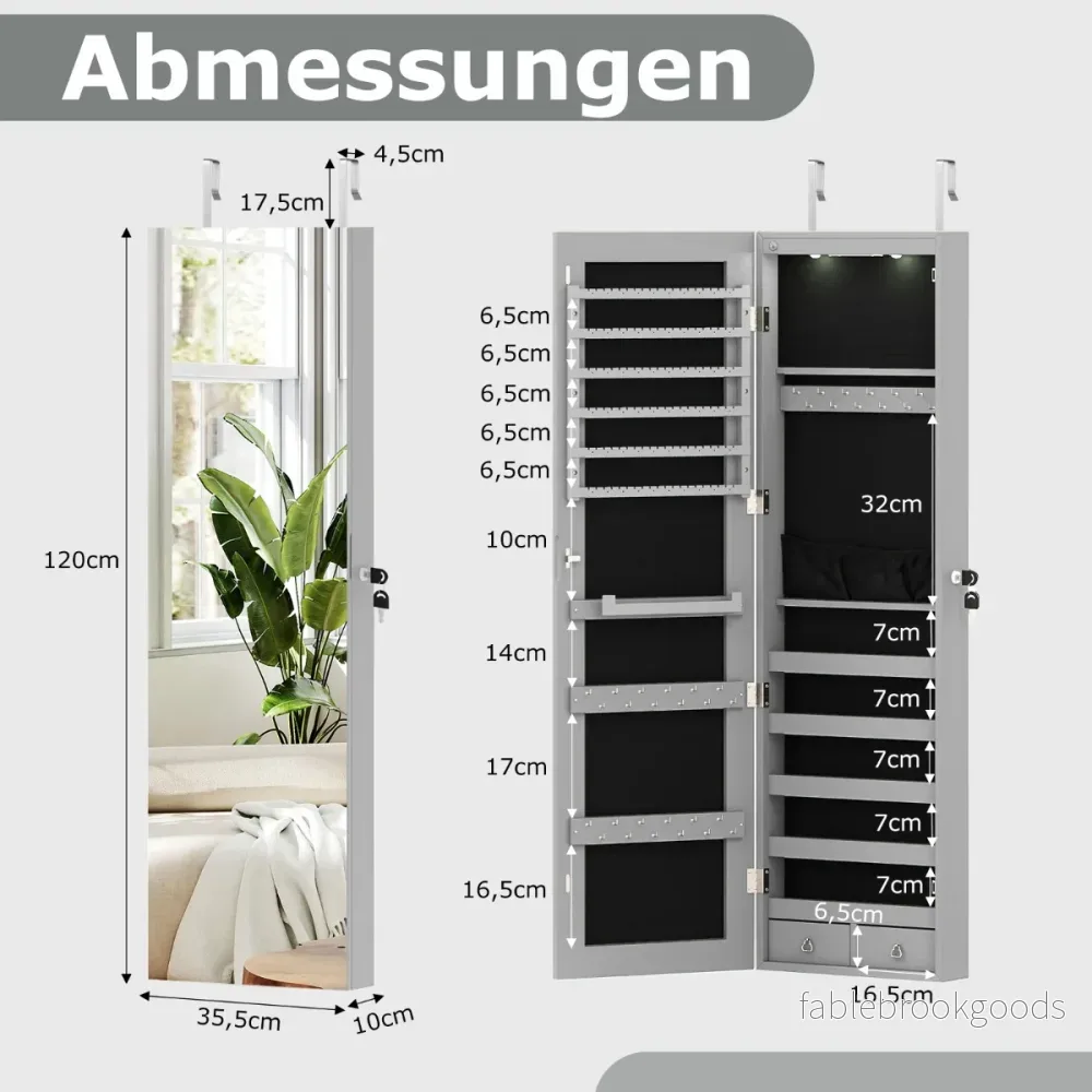 Smyckeskåp – med LED belysning Smyckeshylla spegel Låsbart – Grå - Bild 2