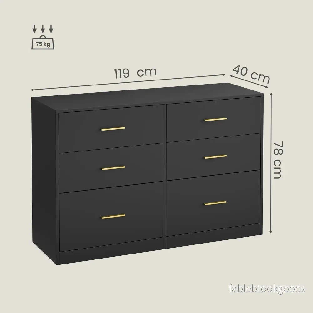 Commode - 6 Lades - Modern - 119 cm Breed - Zwart - Bild 3