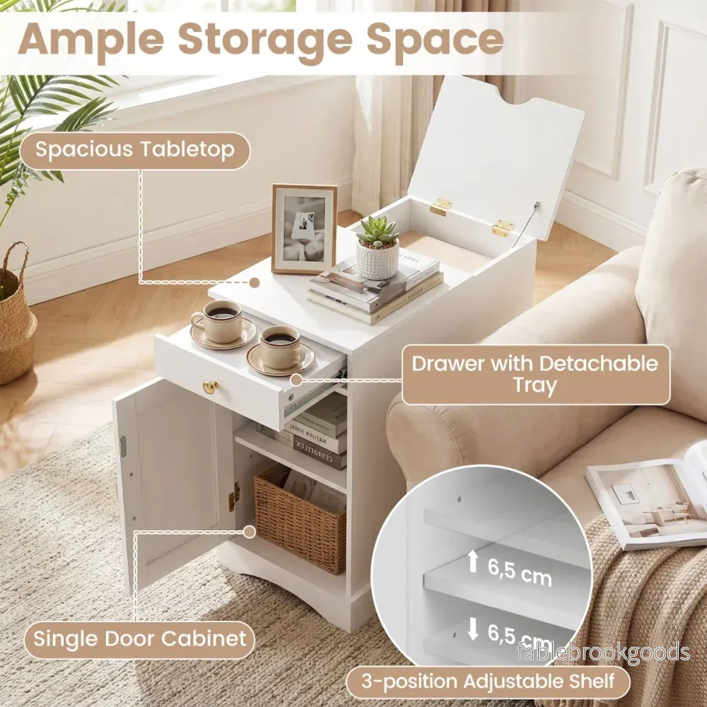 Sängbord – med laddstation Sidobord justerbar hylla Trä nattduksbord Vitt – Vit - Bild 3