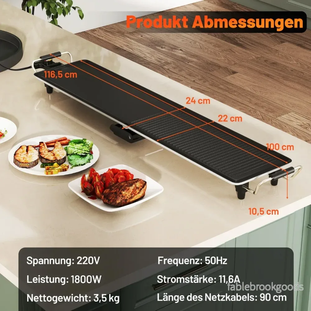 Teppanyaki – Grill 1800W Elektrisk Non stick med Justerbar Temperatur Termostat och Fettuppsamlare – 100 cm – Svart - Bild 2