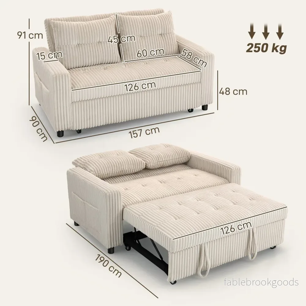 Konvertibel 2-sits bäddsoffa, manchestertyg, krämvit - Bild 3