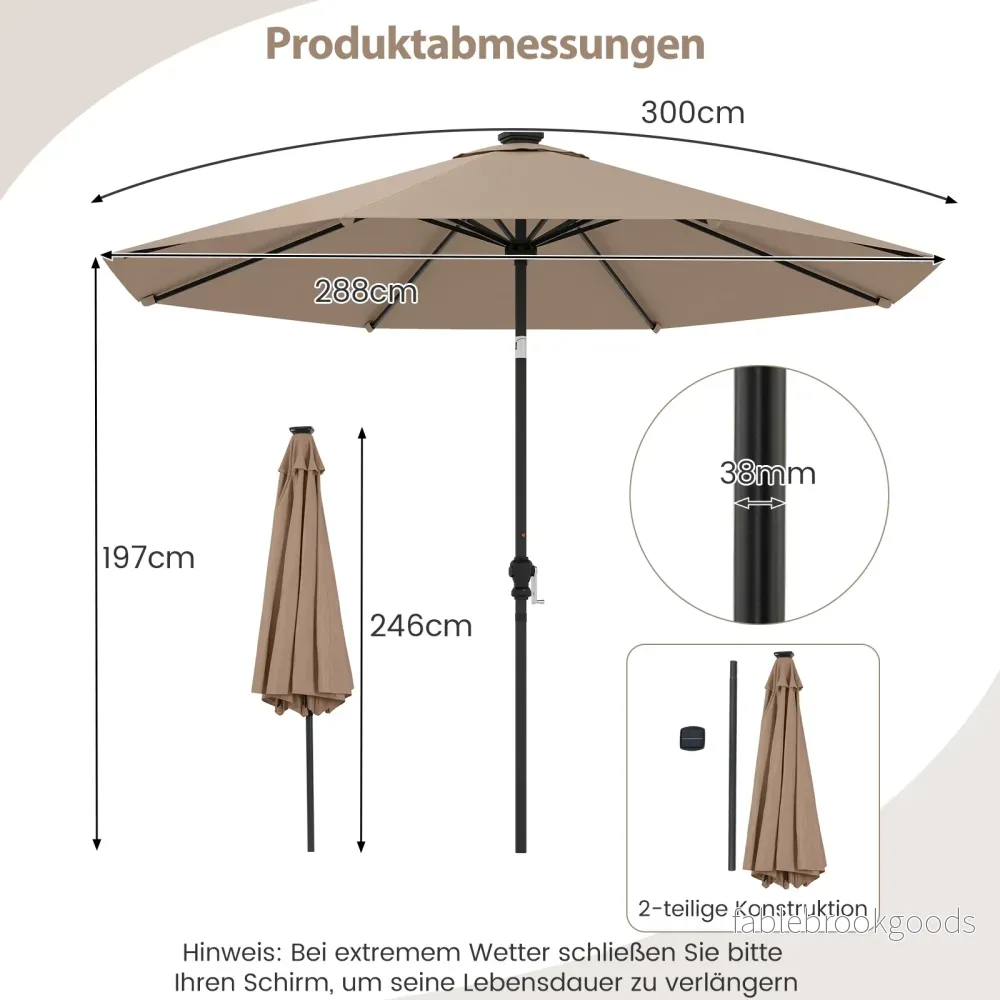 Solsäng – med LED solbelysning belysningslägen parasoll vev – 300 cm 9 – Kaffe - Bild 2
