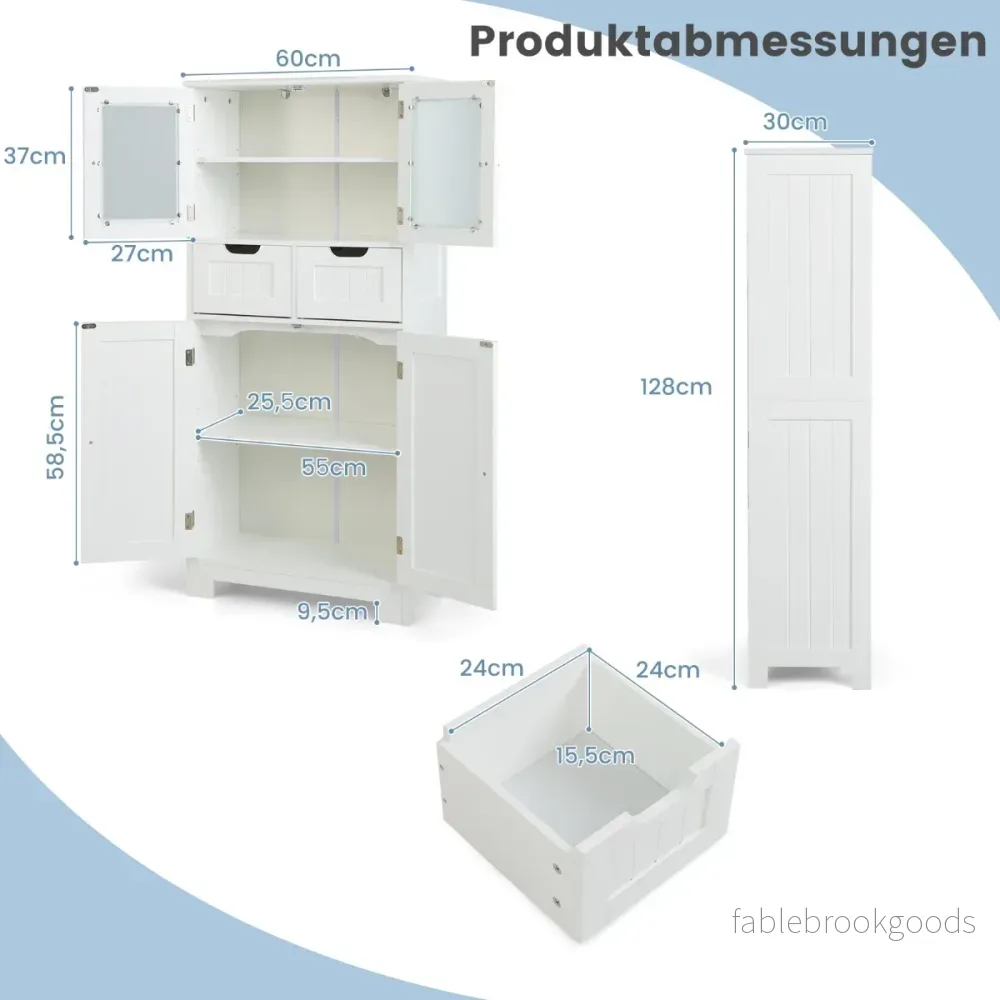 Förvaringsskåp – Fristående badrumsskåp med glasdörrar – 2 60 x 30 x 128 cm – Vit - Bild 2