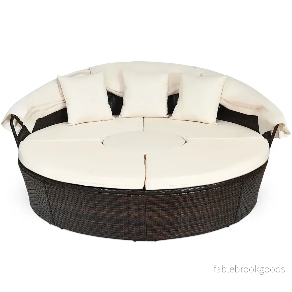 Rund – dagbädd utomhus med utfällbar kapell – 192 x 177 x 146 cm – Beige
