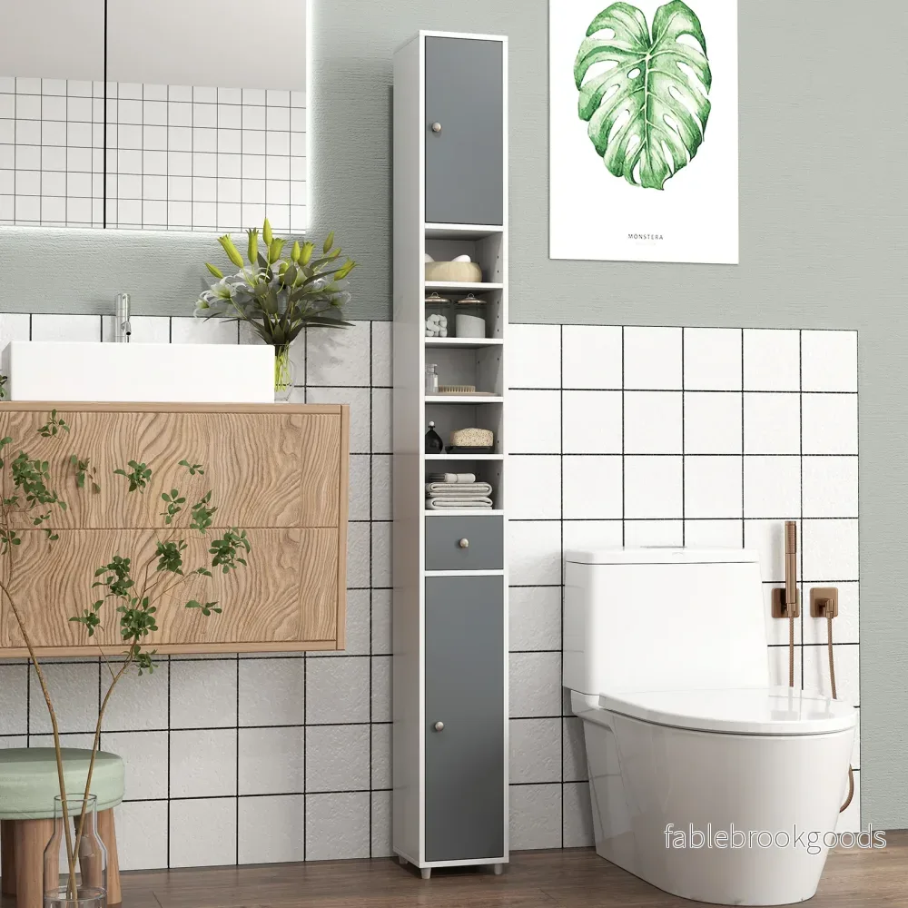 Badskåp – högskåp smalt badrumsskåp med dörrar + – 2 20 x 20 x 180 cm – Grå och vit - Bild 3