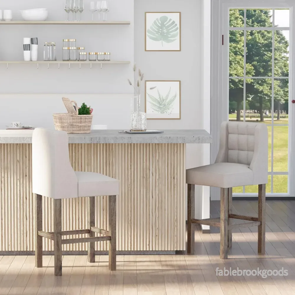 Modern beige barstolar set, låg rygg, linne, 2 st - Bild 2