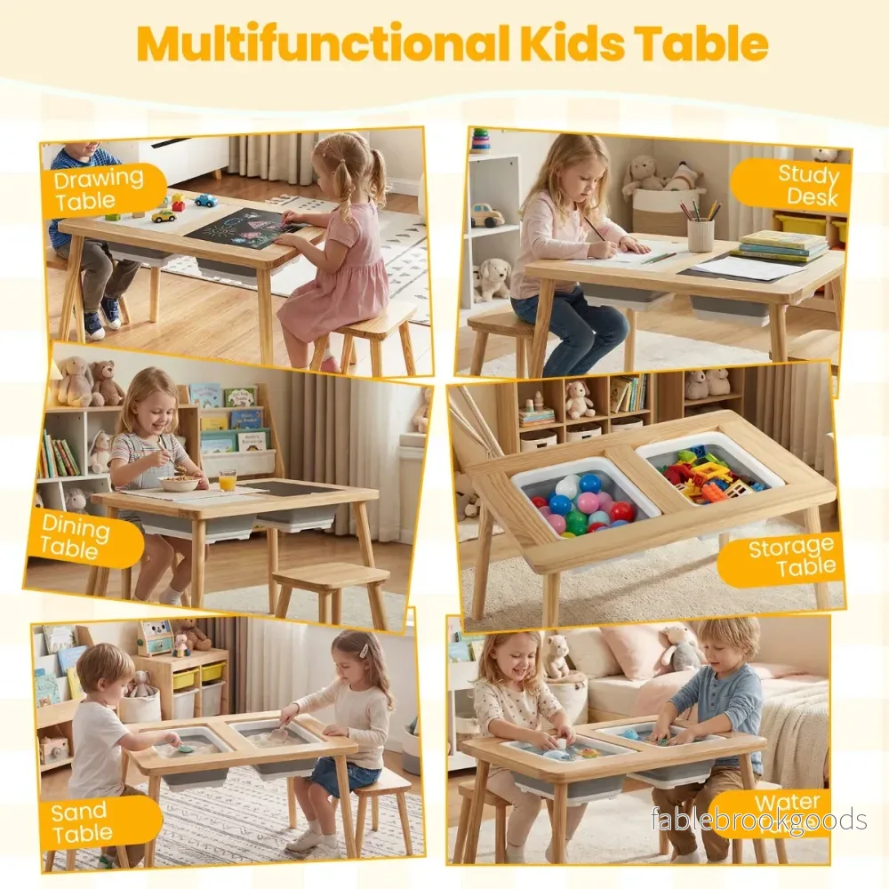 Sinnes – und Spieltisch mit Hockern, Kindertisch Stuhlset, Aktivitätentisch für Kleinkinder ab Jahren – 2 3 – Natur - Bild 3