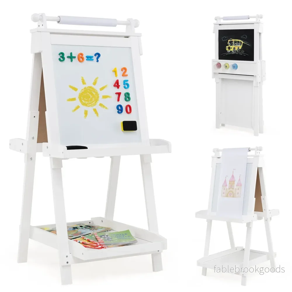 Barn – H höjdjusterbar tavla med whiteboard och magnetisk Fällbar staffli – Vit
