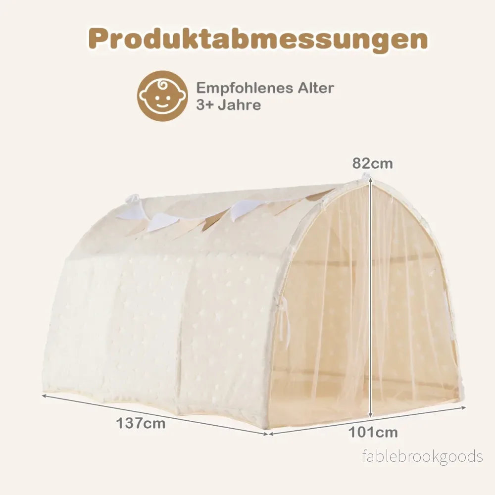Barnsängstält – med lysande stjärnor, nätgardiner och ljusslinga Magiskt lektält Sovtält – Beige