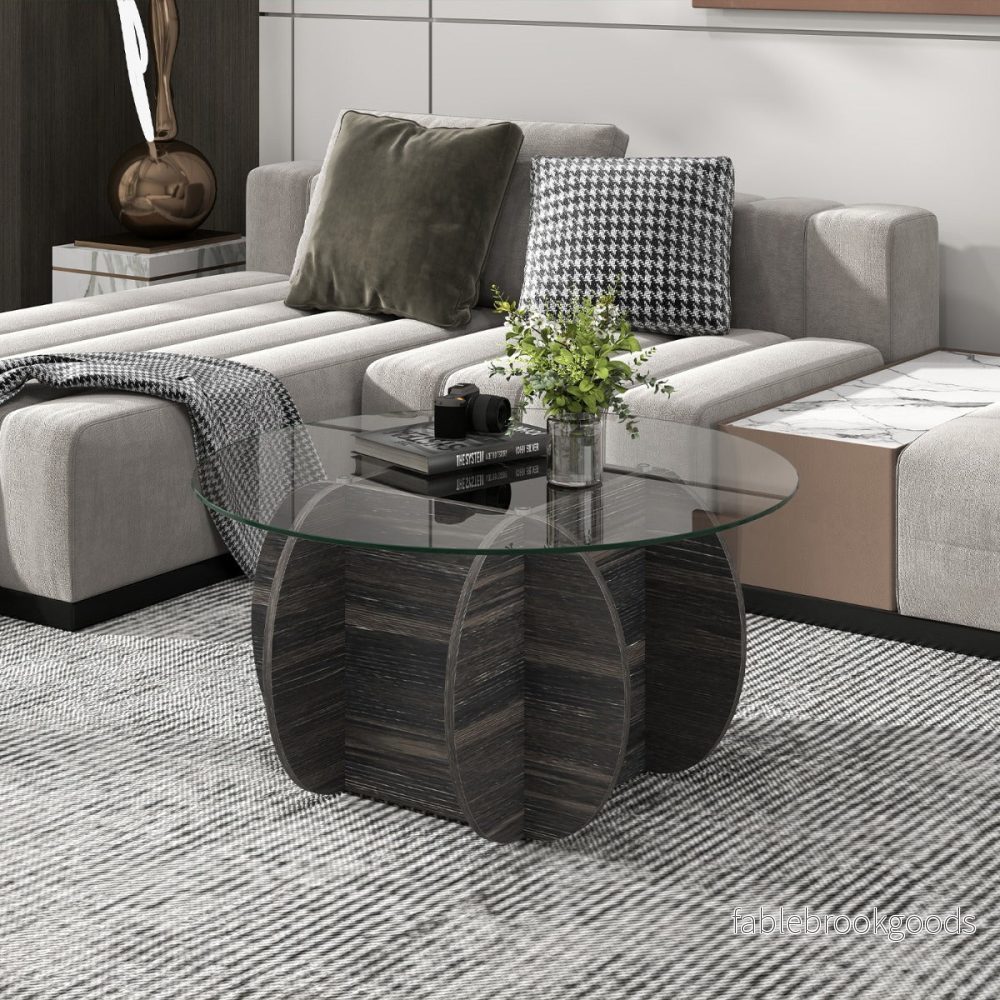 Rund – soffbord med härdat glasbordsskiva och massivt träunderrede Modernt – Ø 89 cm – Svart - Bild 3