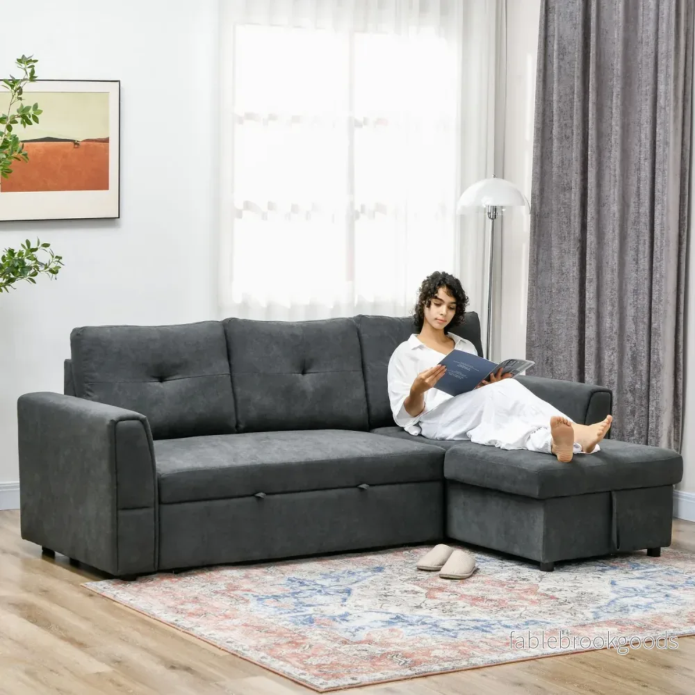 Bäddsoffa med schäslong, 3-sits, mörkgrå - Bild 2