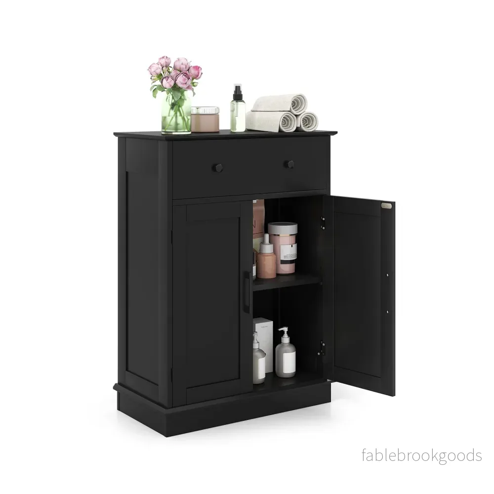 Badrumsskåp – Badskåp med låda dörrar och justerbar hylla byrå trä för – 56 x 30 x 80 cm – Svart