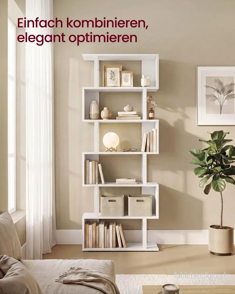 Boekenkast - S-vormige Roomdivider met 7 Ebenen - Wit en matzwart - 60 x 24 x 190,5 cm - Bild 3