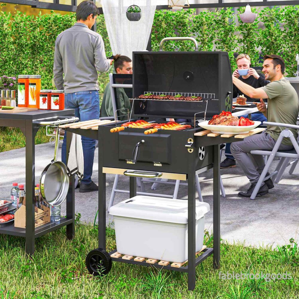 Kolgrill i rostfritt stål, mobil grillvagn med lock, termometer, grillgaller, hjul, justerbart handtag, kolbricka, kolgrillvagn med vedhylla, BBQ rökare för camping, trädgård 112x58x107cm | - Bild 2
