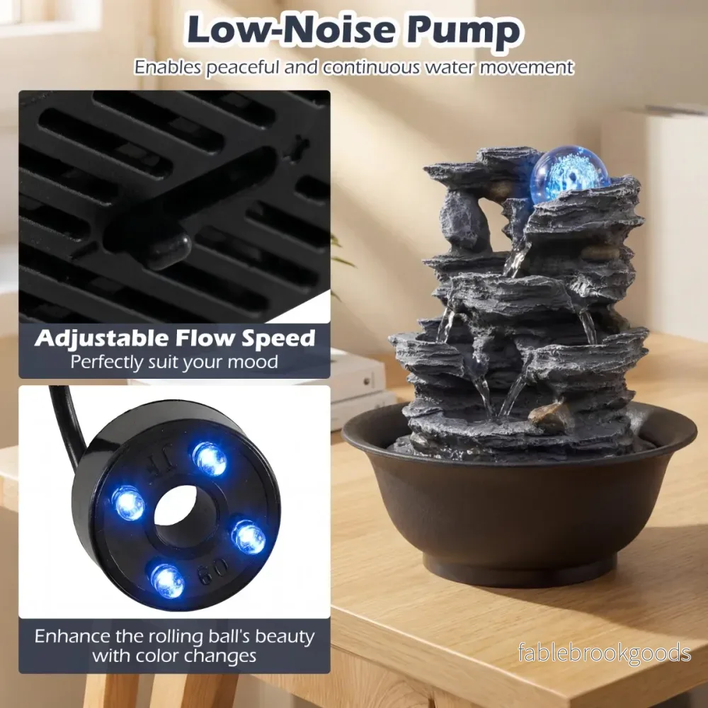 Inomhusfontän – vattenfall bordsfontän med steneffekt färgad LED lampa och tyst pump – Svart - Bild 3
