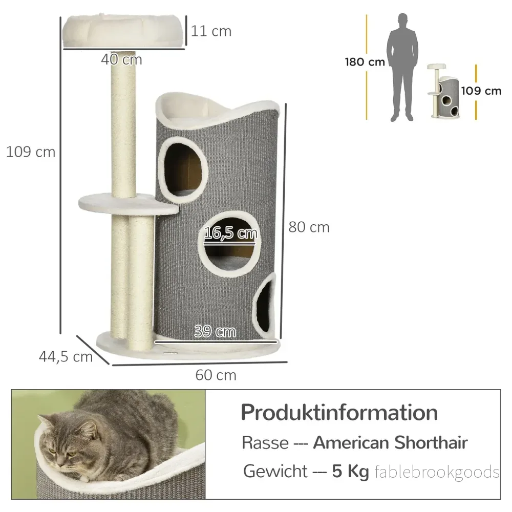 Kattträd 109cm med skrapfat & säng, grå/vit - Bild 3