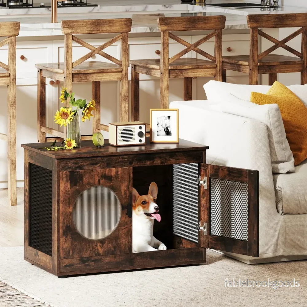 Hundbur – djurbur hundbox i möbelstil med dörr och PC fönster husdjursbur för små medelstora hundar katt – 82 x 47 x 60 cm – Brun - Bild 3