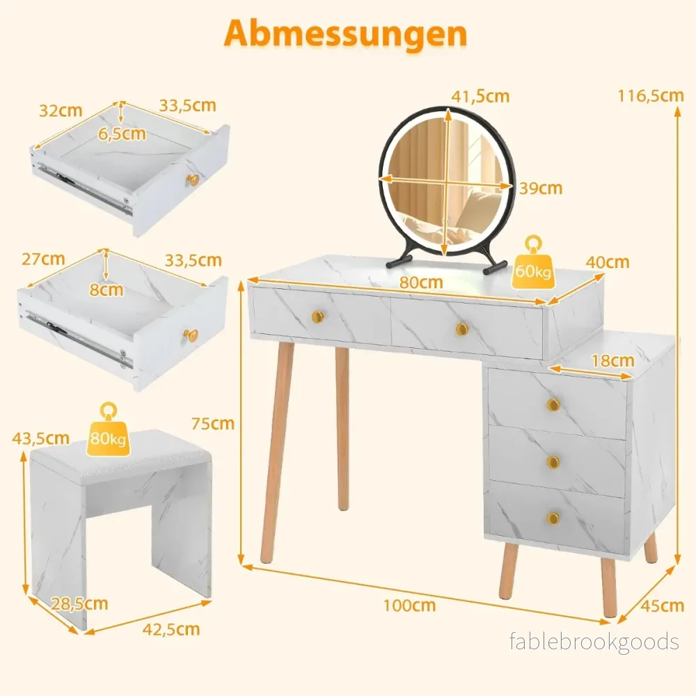 Sminkbord – med belysning avtagbar spegel lådor – 3 5 – Vit - Bild 2